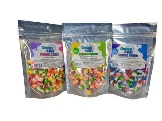 Omega Bursts Freeze-Dried Candies: A Rainbow Trilogy of Sweetness 3CT (Sour Rainbow Bursts 4 oz, Rainbow Bursts 5 oz, Wild Berry Rainbow 4 oz) Candy Snacks Sweet Freeze Skittles Trending Tiktok